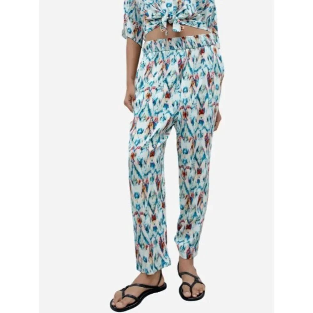 Zara Womens Ikat Pants M Medium Multicolor Metallic Boho Elastic 3469/165 NWT